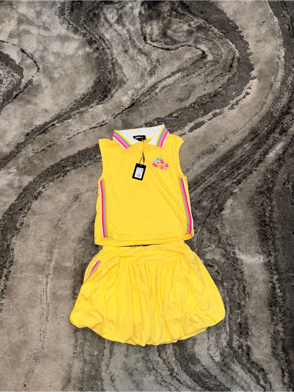 Fashion Nova Girls Yellow Polo Crop Top & Skirt Set with Rainbow Trim